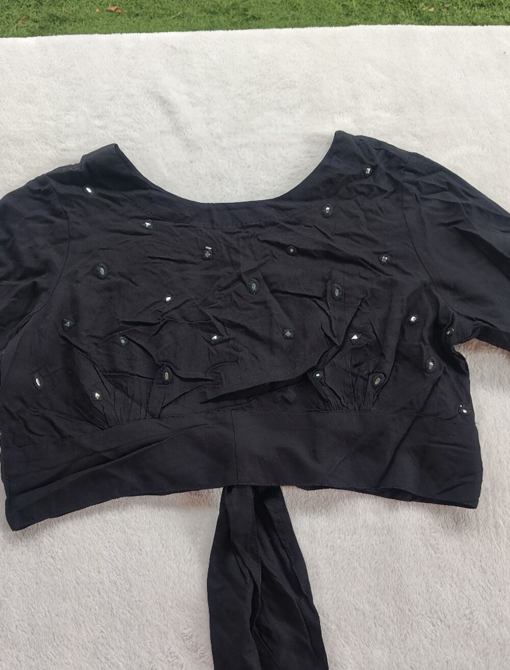 Black Embellished Tie-Back Blouse for Women